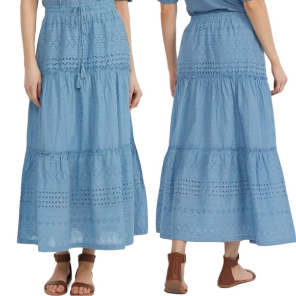 Mexx Dresses & Skirts - Mexx Mix Eyelet 3-Tiered 100% Cotton Blue Boho Maxi Skirt Women's Size XS